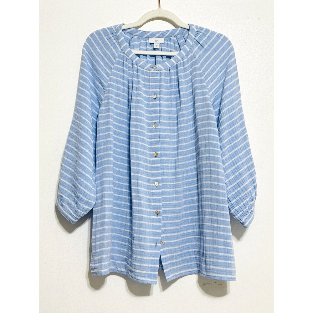 J. Jill Blue Gauze Striped Button Up Shirt Sz S-Tall Blue & White 100% Cotton